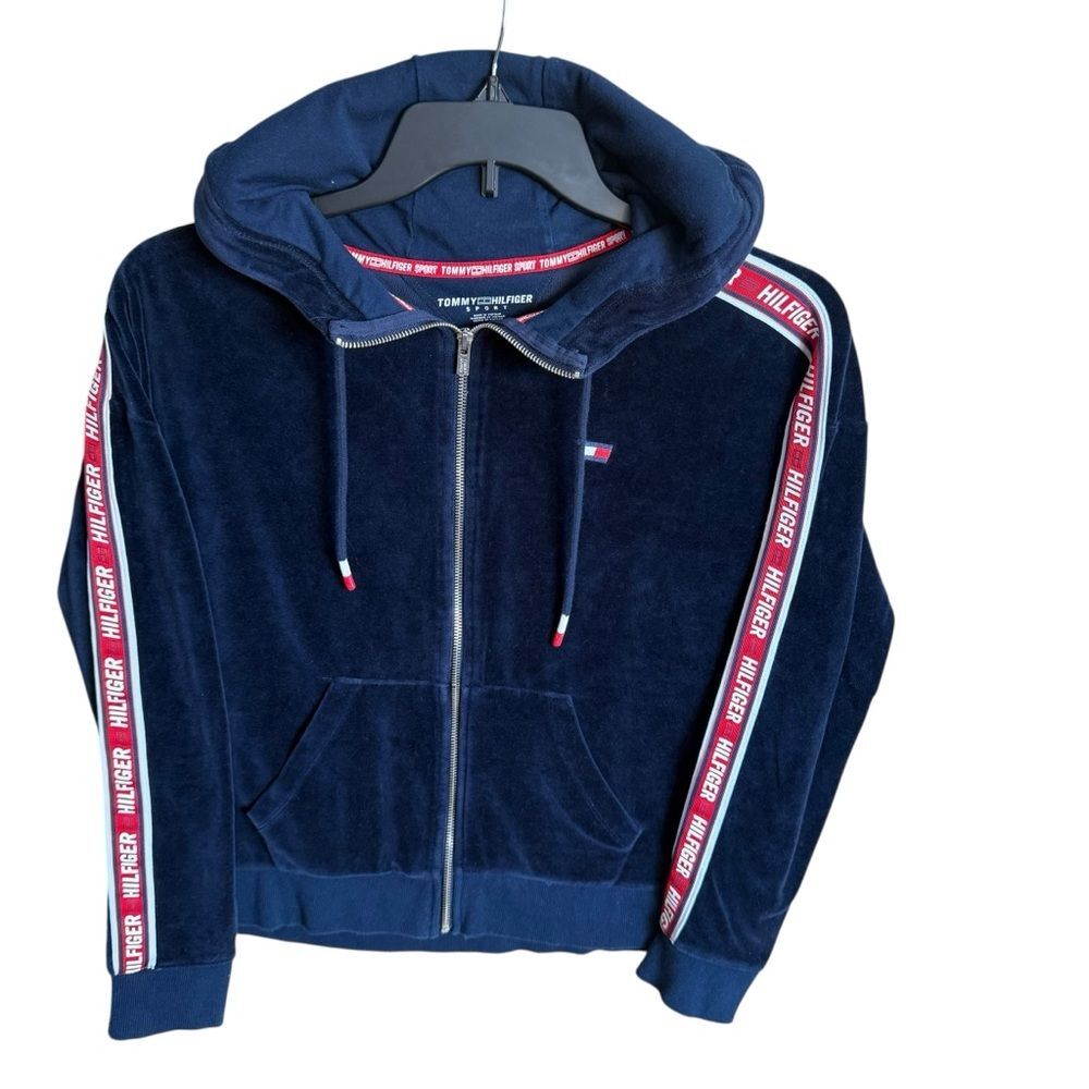 Tommy Hilfiger Sport Women's Velour Navy Full-Zip Track Hoodie w/ Logo Taping- M